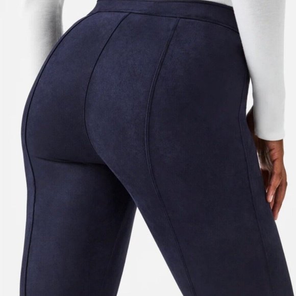 SPANX Faux Suede Flare Pants Pull On Stretchy Slimming Navy Blue Boho NWT - Picture 8 of 10